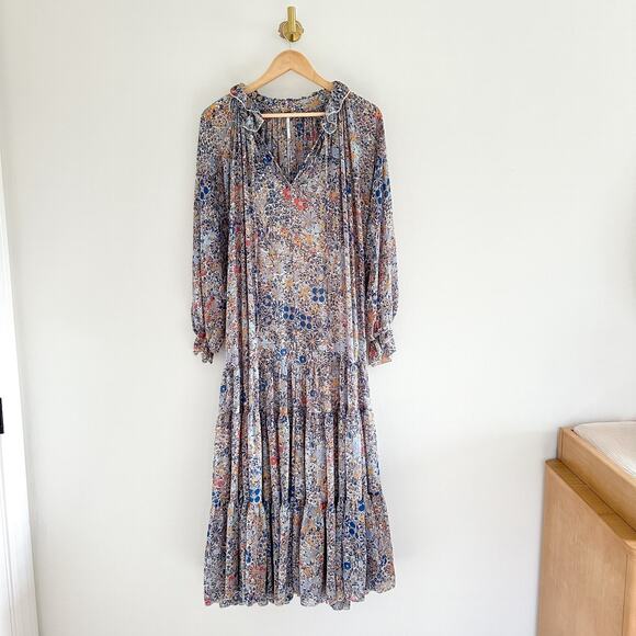 Free People Feeling Groovy Tiered Bell Sleeve Floral Casual Maxi Dress Blue S - Picture 3 of 12